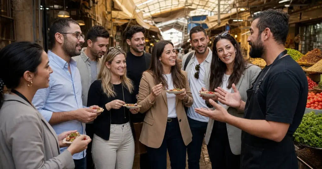 צוות עובדים נהנה מטעימות במהלך סיור קולינרי בשוק