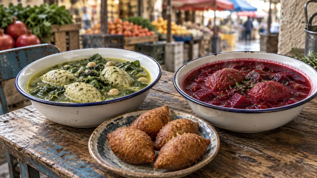קובה חמוסטה, קובה סלק וקובה מטוגנת על שולחן שוק